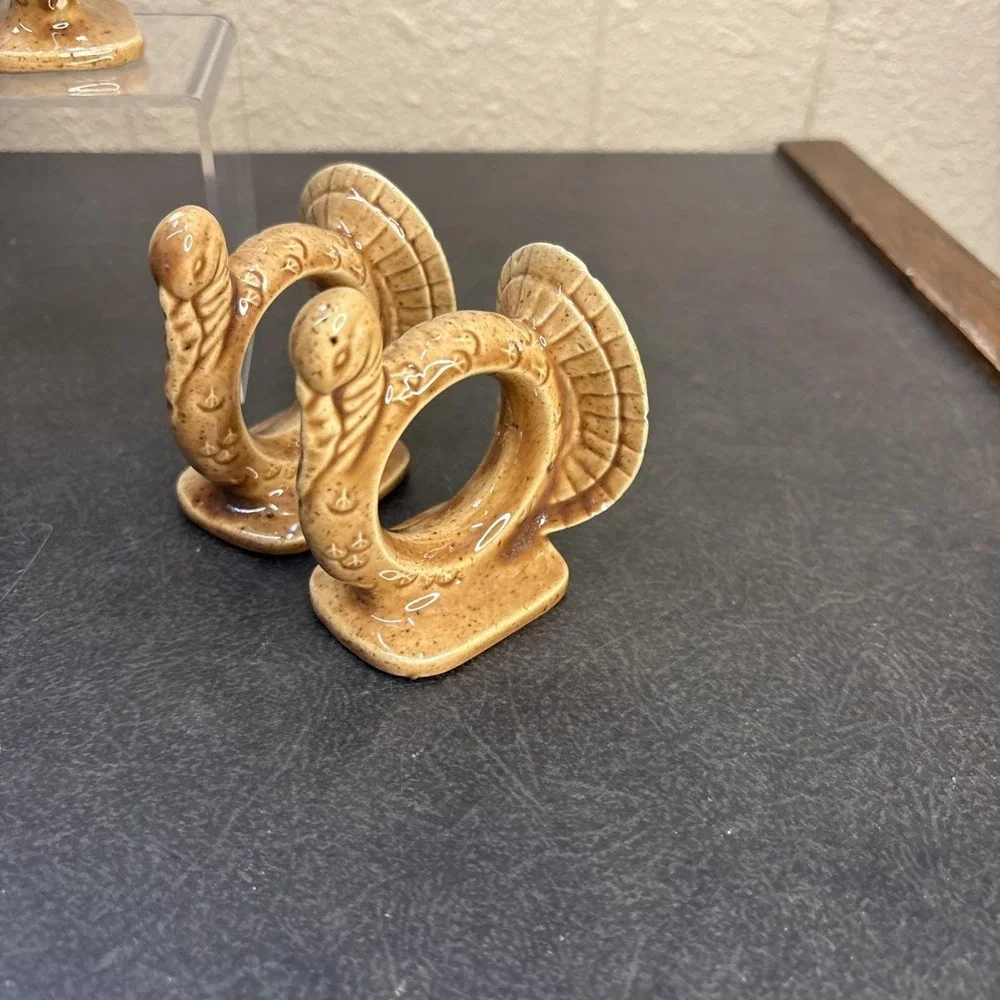 6~Vtg~Thanksgiving Turkey Napkin Ring Holders Ceramic Glazed Pottery